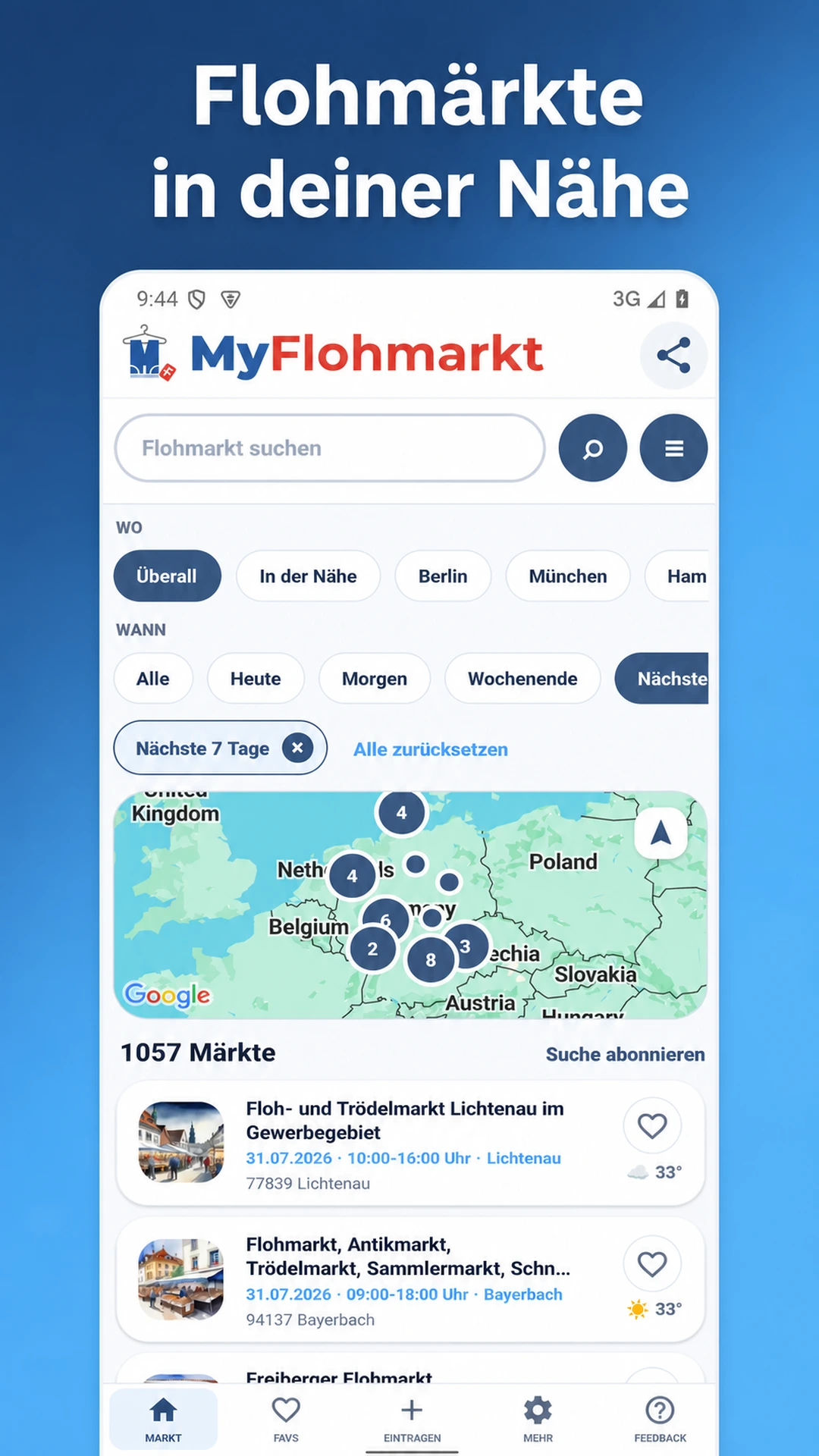 Startansicht der MyFlohmarkt-App mit Suche, Karte und Flohmarkt-Terminen