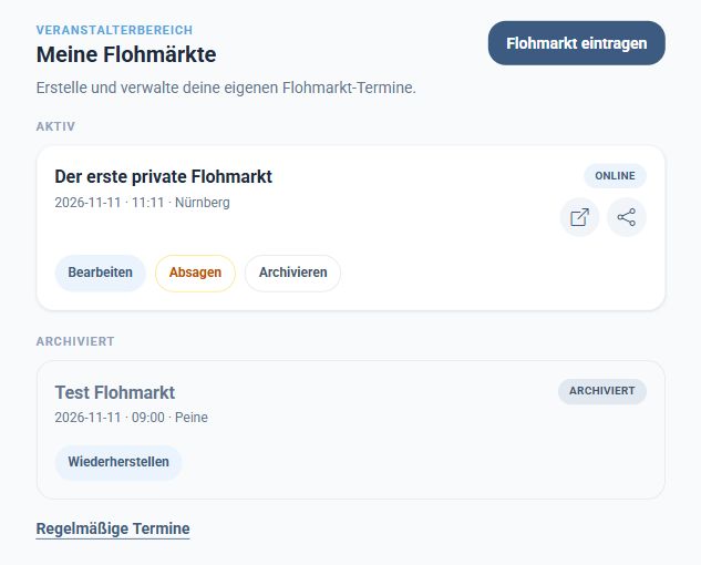Der Veranstalterbereich mit mehreren eigenen Flohmarkt-Terminen
