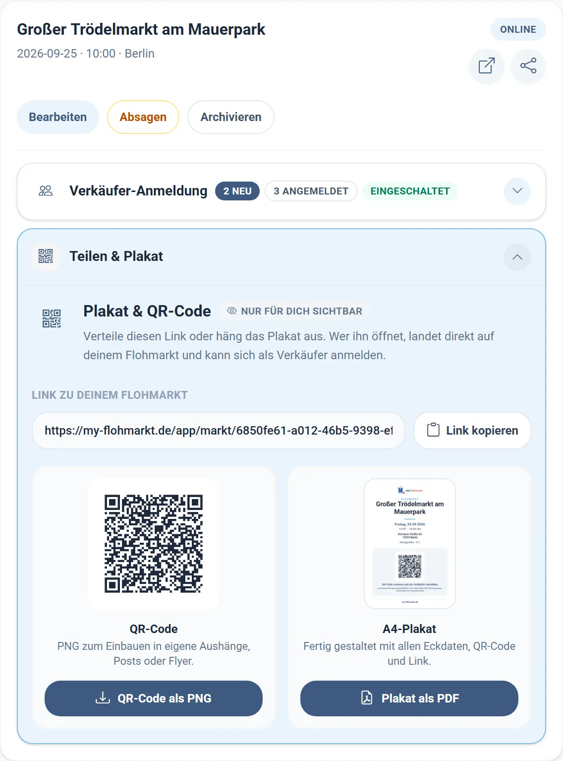 Unter „Meine Flohmärkte“ öffnet der Bereich „Teilen & Plakat“ den Link, den QR-Code und das Plakat