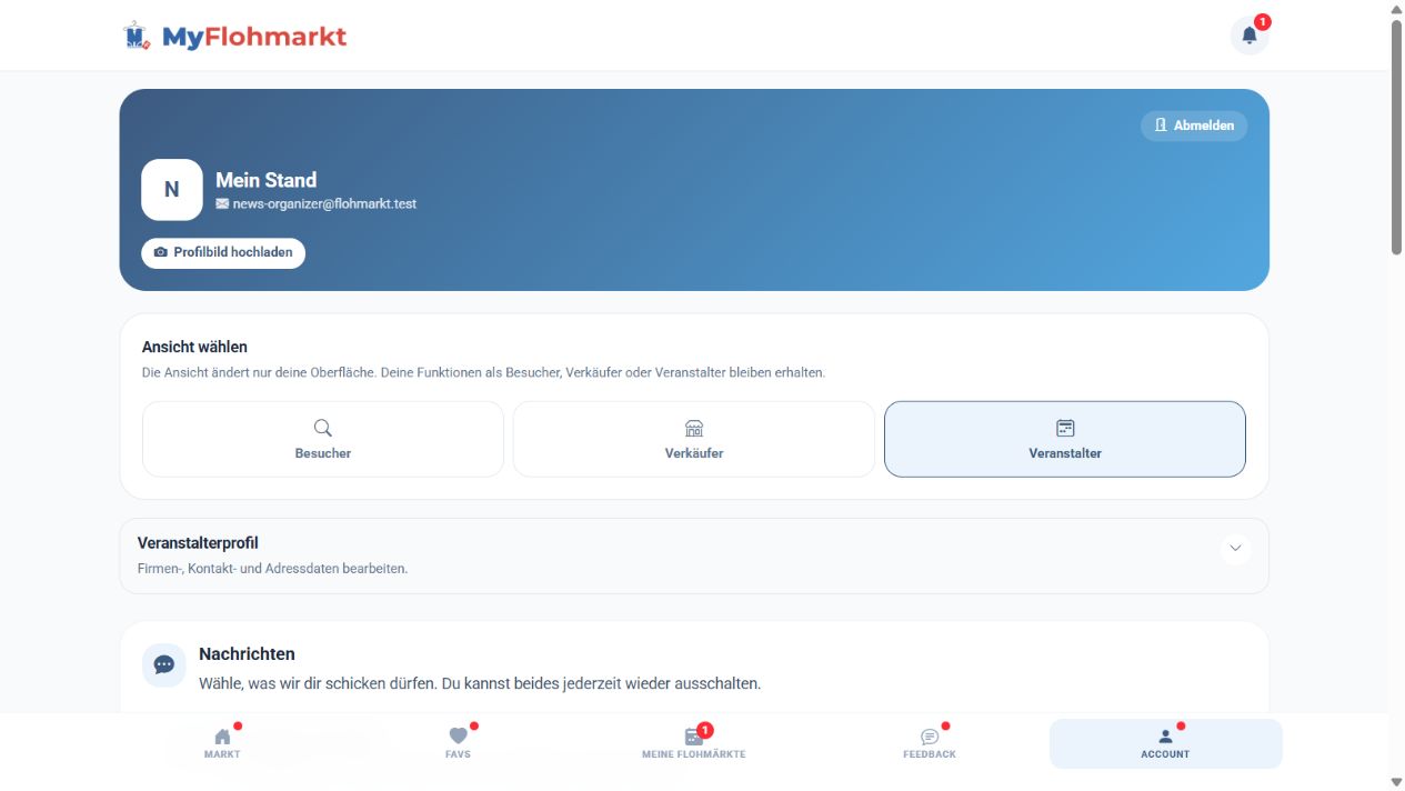 Im Account lässt sich die Ansicht jederzeit zwischen Besucher, Verkäufer und Veranstalter wechseln