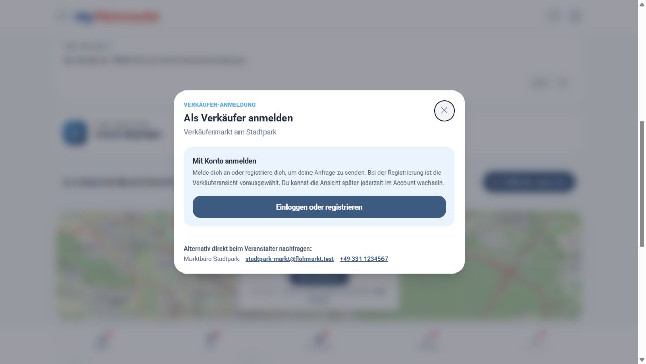 Vor dem Login zeigt die Verkäufer-Anmeldung den Account-Weg und den direkten Kontakt zum Veranstalter
