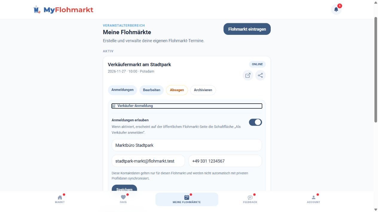 Veranstalter aktivieren die Verkäufer-Anmeldung und hinterlegen einen Kontakt nur für diesen Flohmarkt