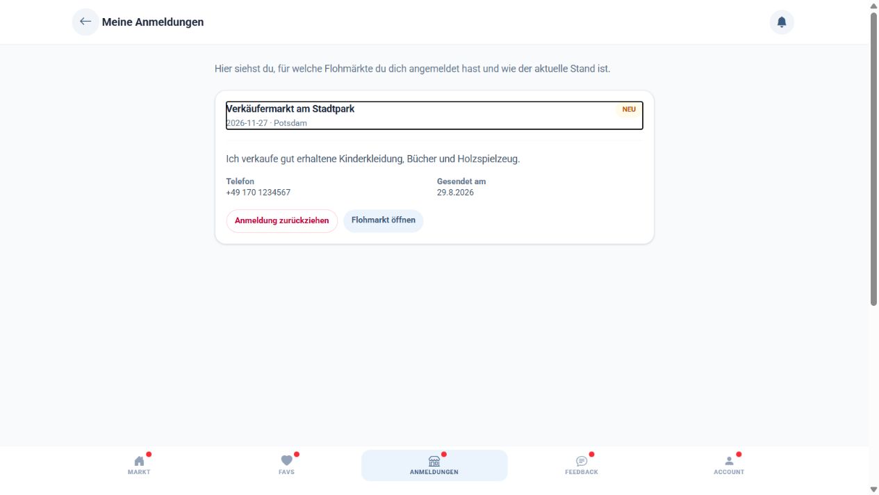 Verkäufer sehen ihre gesendete Anfrage und den aktuellen Status unter Meine Anmeldungen
